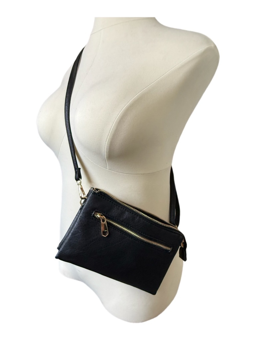 Black Leather Crossbody Bag with Gold Zippers
